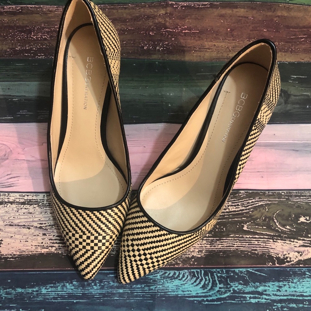 BCBGeneration Black and Tan Woven Pointed-Toe Pumps